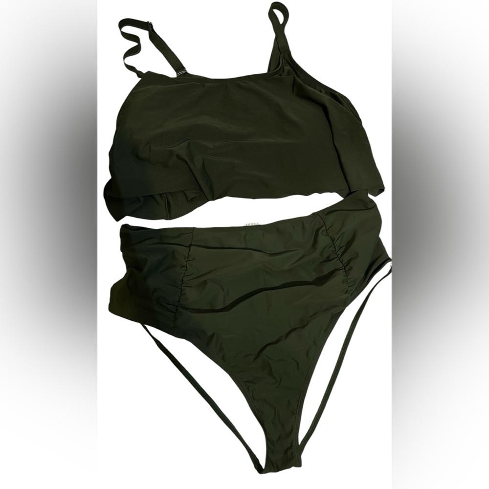 Cupshe Dark ruffle flounce top dark olive green 2 piece bikini swimsuit sz 4X